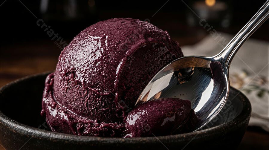 Foto Açaí Sorvete Tigela Escura Colher Metálica