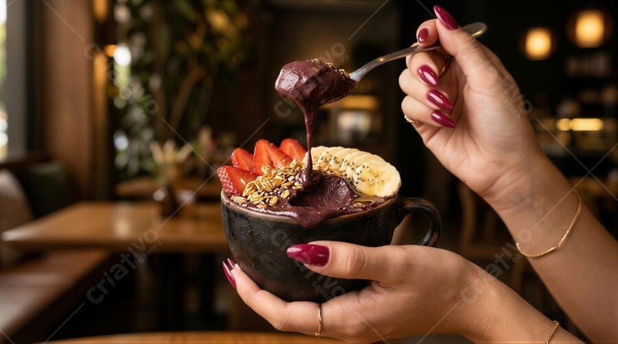 Foto Açaí Tigela com Frutas Granola Mão Servindo