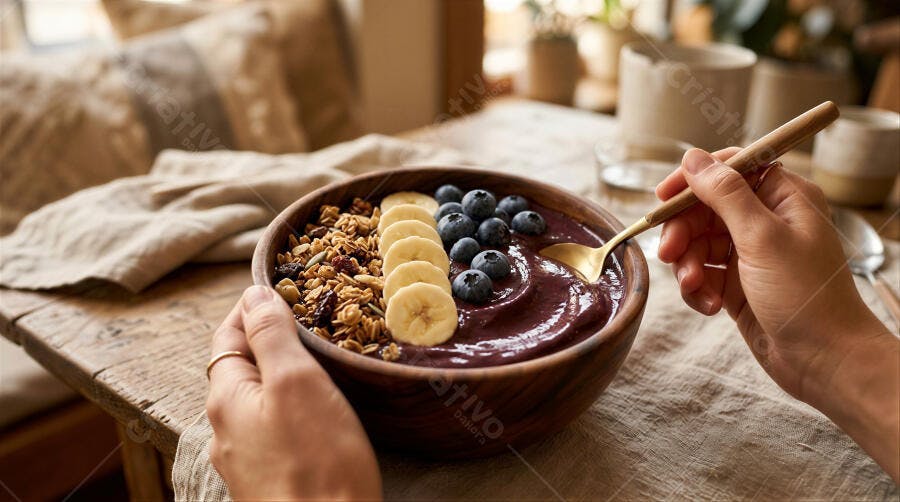 Foto Tigela de Açaí com Banana Mirtilo Granola Café da Manhã