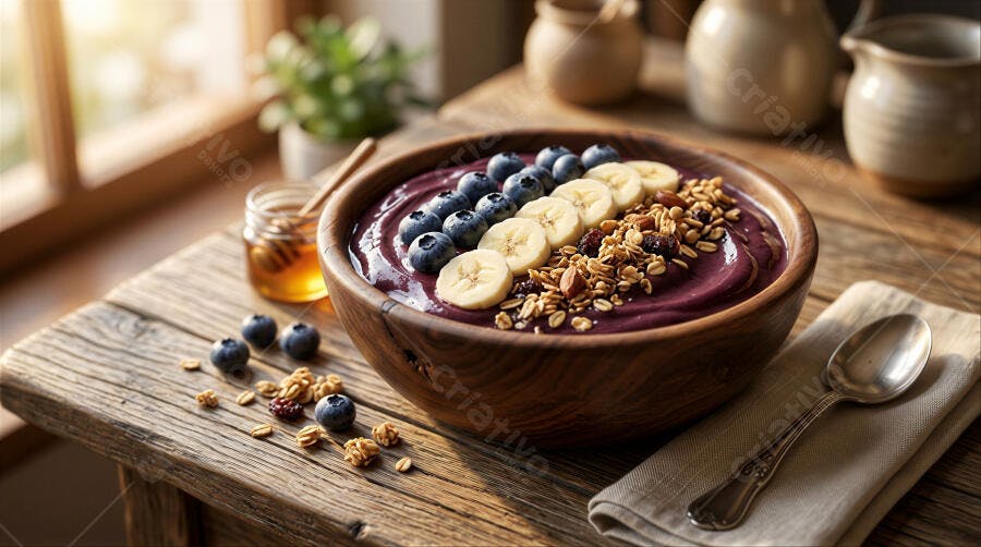 Foto Tigela de Açaí com Mirtilos Banana Granola Mesa Rústica