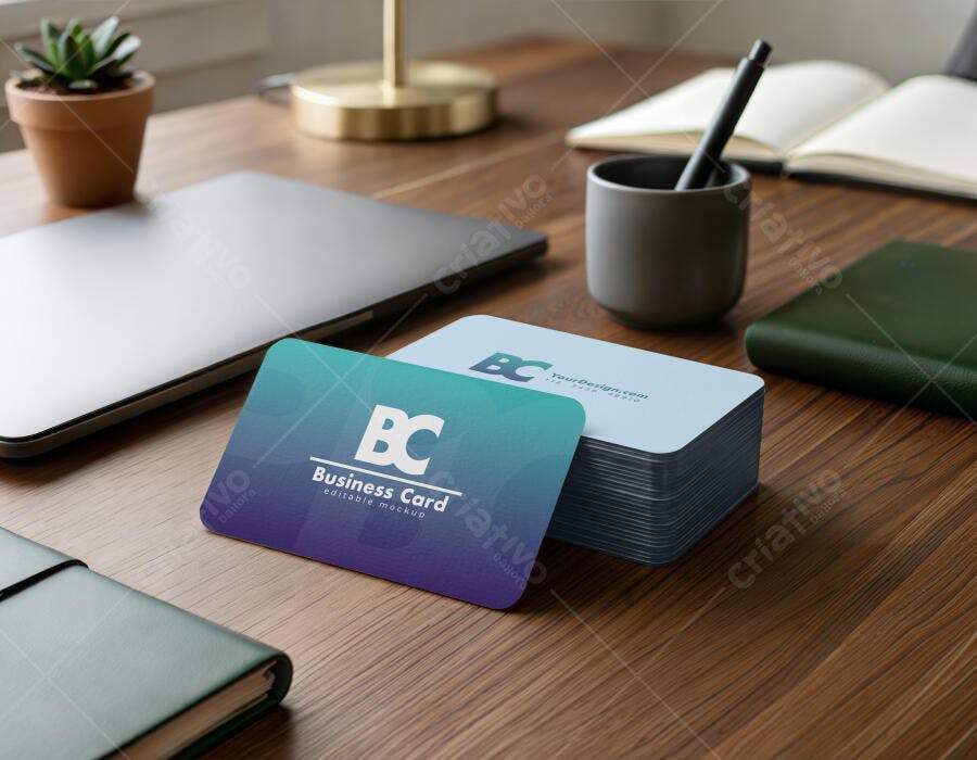 Mockup Cartão Visita Papel Mesa Madeira Escritório Editável