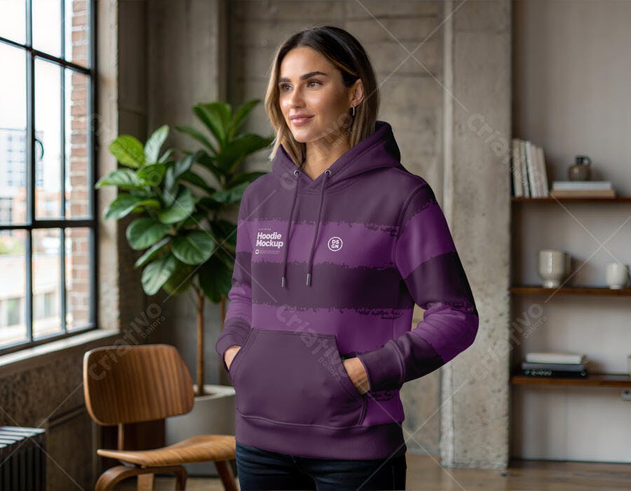 Mockup Feminino Moletom Roxo Lifestyle Editável