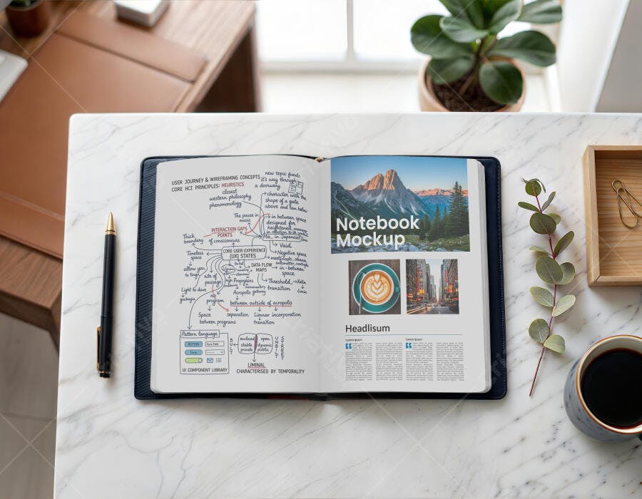 Mockup Notebook Aberto Flat Lay Mesa Mármore Editável
