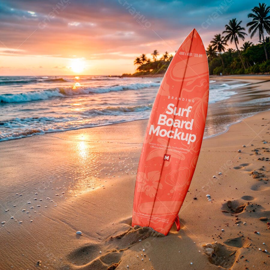 Mockup Prancha de Surf Praia Pôr do Sol Cenário Editável