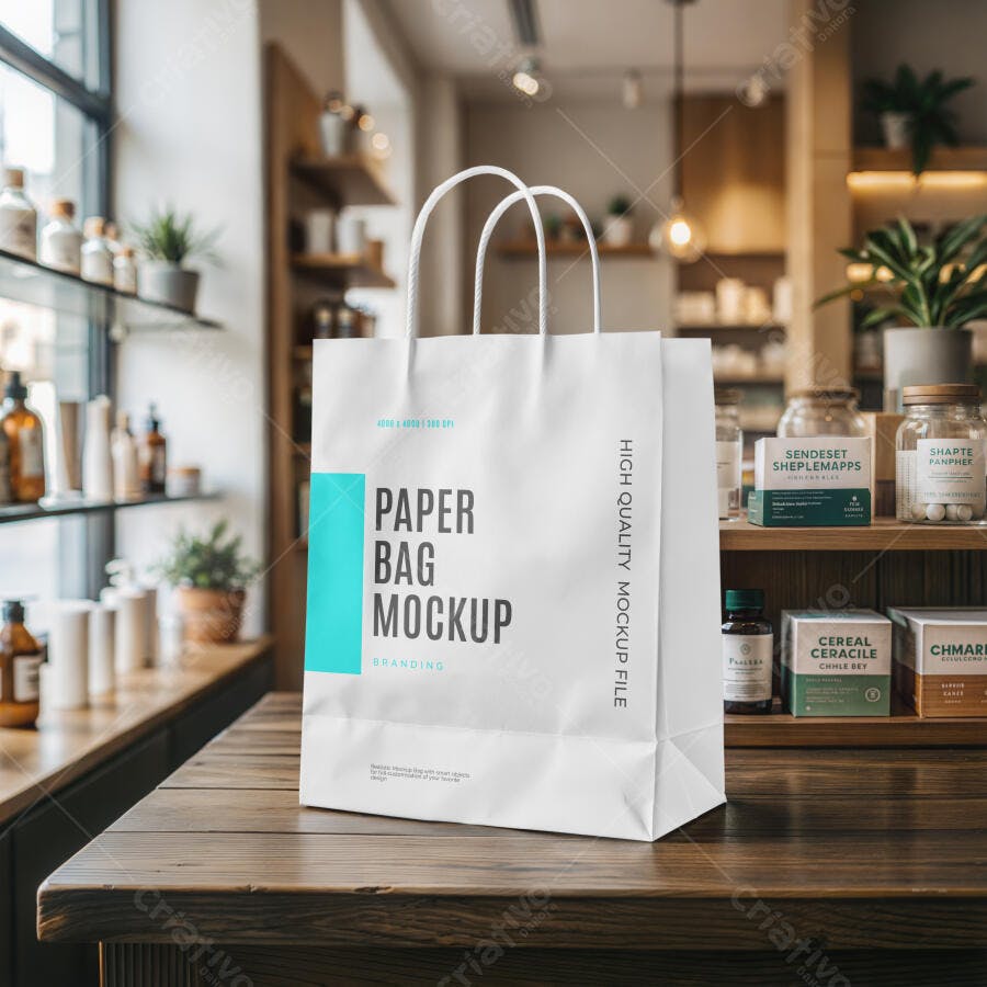 Mockup Sacola Papel Branca Loja Frontal Editável
