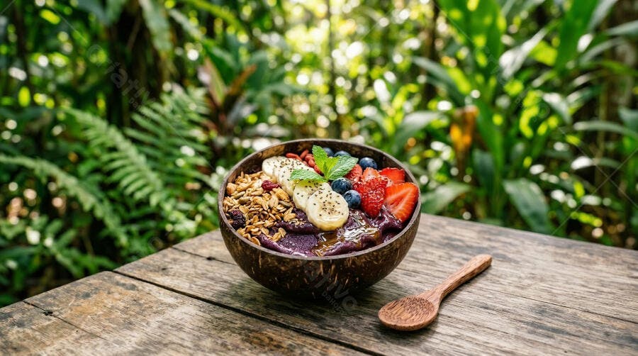 Foto Açaí Bowl com Frutas Granola Tigela Coco Natureza