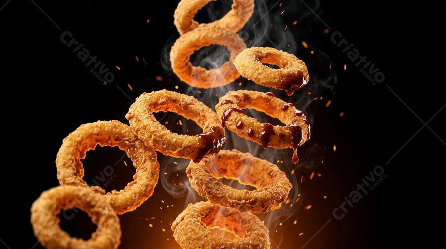 Foto Anéis de Cebola Fritos Crocantes Molho Barbecue Fundo Escuro