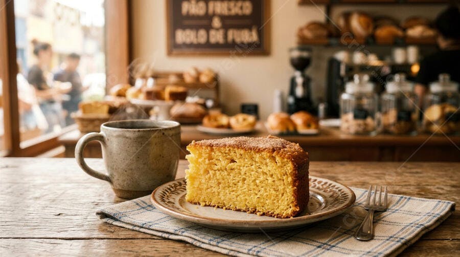 Foto Bolo de Fubá com Café em Padaria Rústica Aconchegante