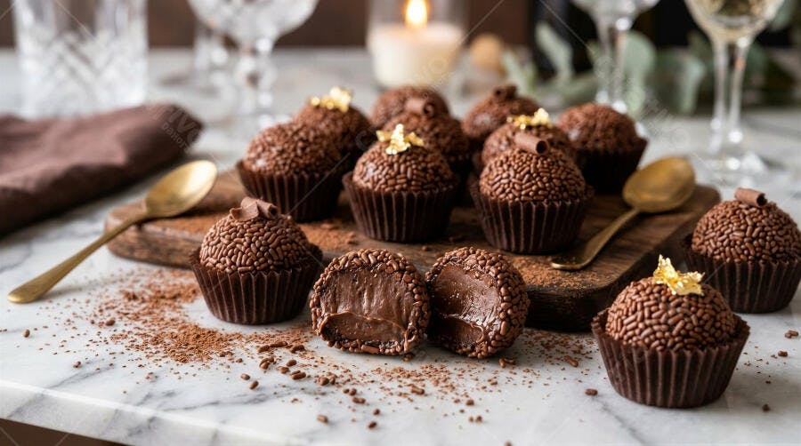 Foto Brigadeiro Gourmet Chocolate Granulado Mesa Mármore