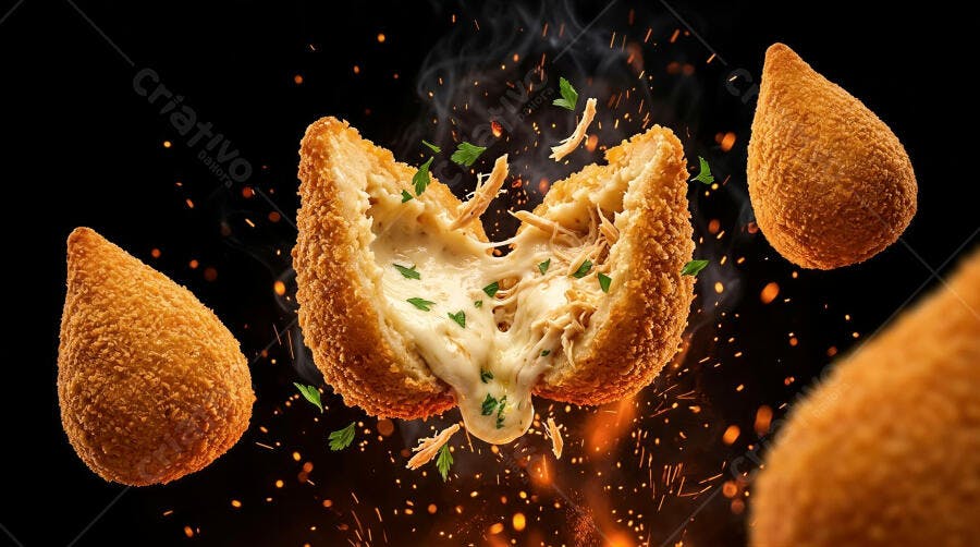 Foto Coxinha de Frango com Catupiry e Queijo Derretido Fundo Escuro