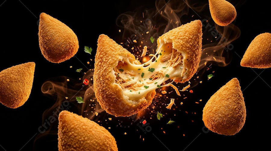 Foto Coxinha de Frango com Catupiry Queijo Derretido Fundo Preto