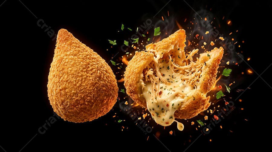 Foto Coxinha de Frango Cremosa com Recheio Visível Fundo Preto
