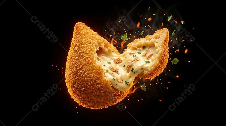 Foto Coxinha de Queijo Cremosa Aberta Fundo Preto