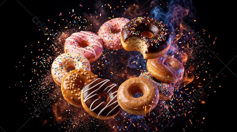 Foto Donuts Coloridos Variados Flutuando Fundo Preto Estúdio