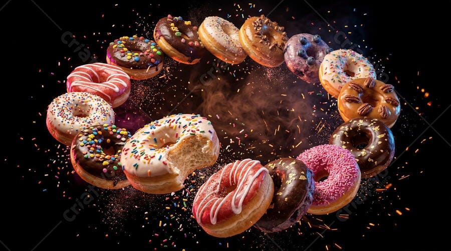 Foto Donuts Variados Flutuando Fundo Preto Estúdio