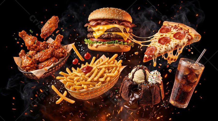 Foto Fast Food Flutuando Hambúrguer Pizza Batata Frita