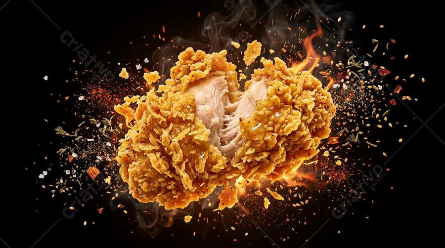 Foto Frango Frito Crocante Explodindo Especiarias Fundo Preto