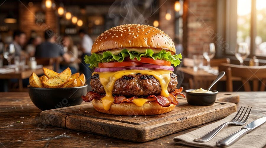 Foto Hambúrguer Artesanal Batata Frita Restaurante Aconchegante