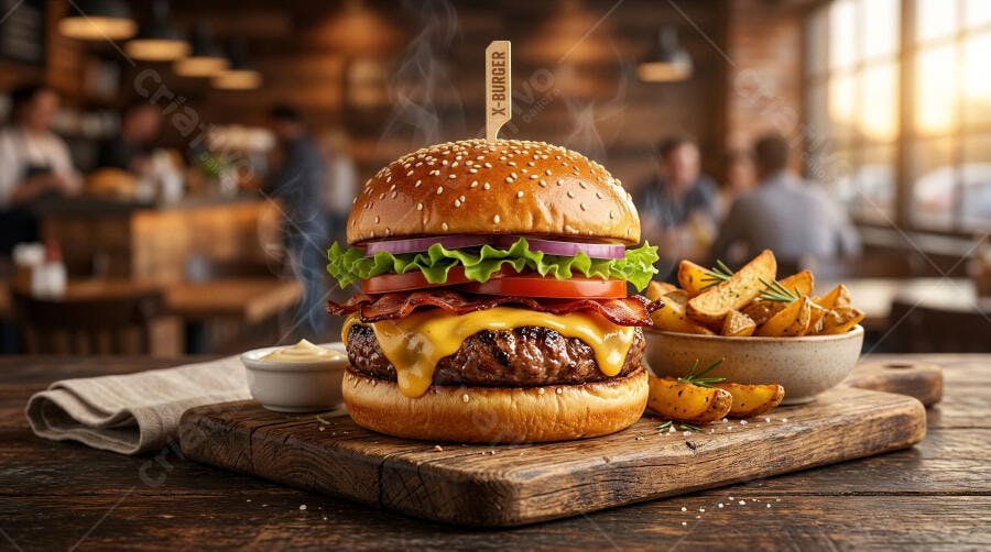 Foto Hambúrguer Artesanal Batata Frita Restaurante Aconchegante