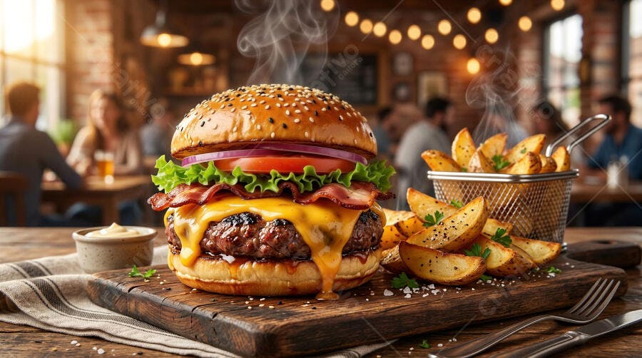 Foto Hambúrguer Artesanal Batata Frita Restaurante Aconchegante