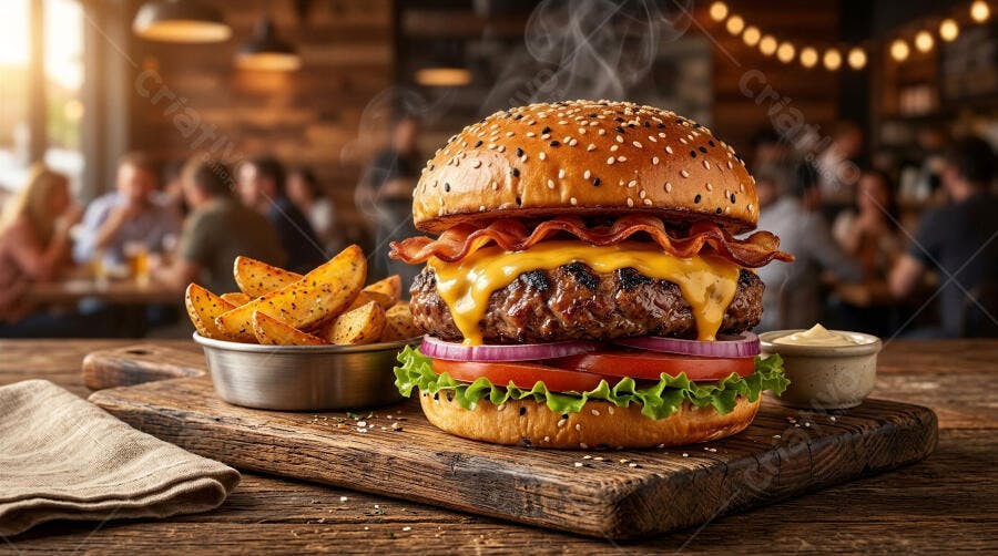 Foto Hambúrguer Artesanal Batata Frita Restaurante Iluminação Quente