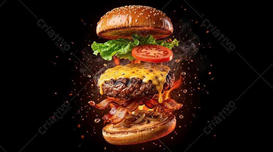 Foto Hambúrguer Artesanal Flutuante Queijo Bacon Fundo Preto