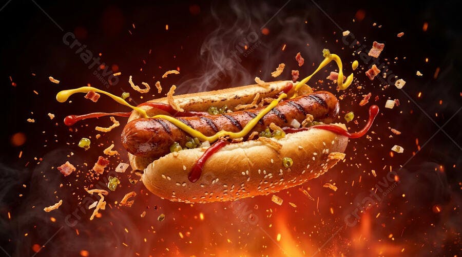 Foto Hot Dog Flutuando com Fumaça e Chamas Fundo Escuro