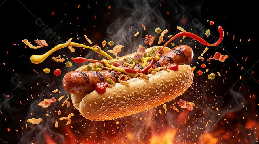 Foto Hot Dog Gourmet Flutuando Chamas Fundo Escuro