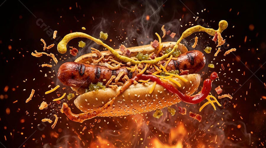 Foto Hot Dog Gourmet Flutuante com Fumaça e Fogo
