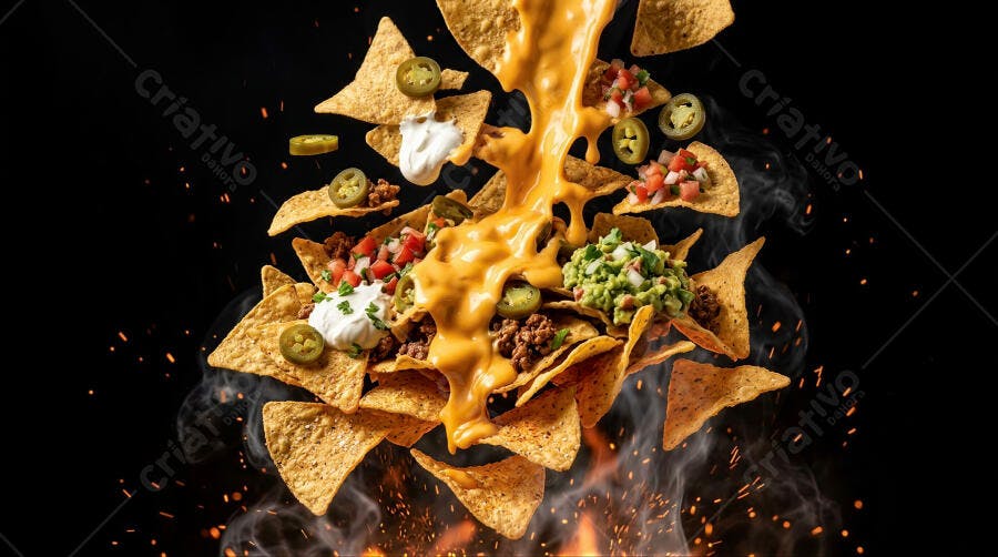 Foto Nachos Flutuando Queijo Cheddar Guacamole Fundo Preto