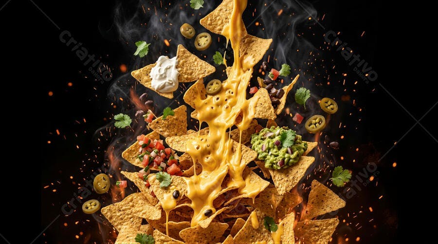 Foto Nachos Mexicanos Queijo Cheddar Guacamole Fundo Preto