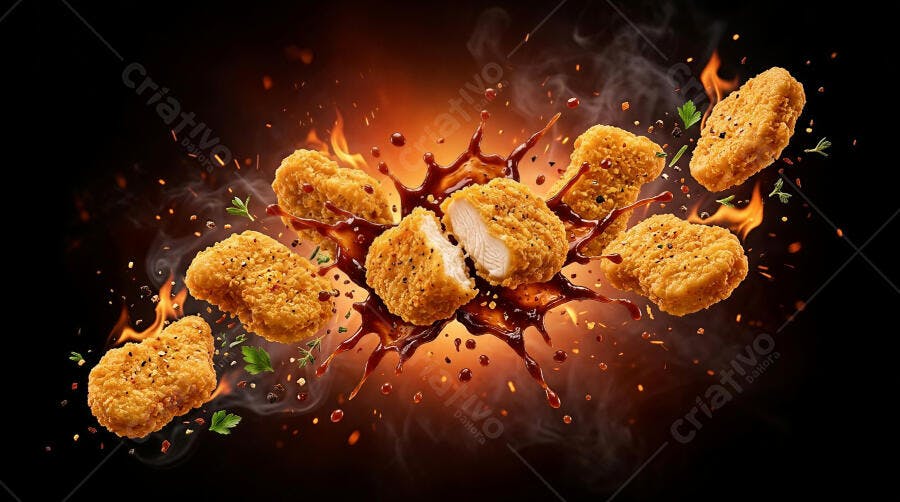 Foto Nuggets de Frango Crocantes Molho Picante Fogo Fundo Preto