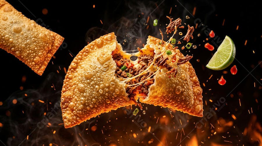 Foto Pastel de Carne Queijo Flutuando Fogo Escuro