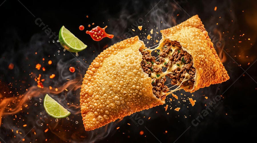 Foto Pastel de Carne Queijo Flutuando Limão Pimenta Fundo Escuro