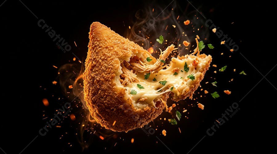 Foto Produto Coxinha de Frango com Requeijão Quente Estúdio Escuro