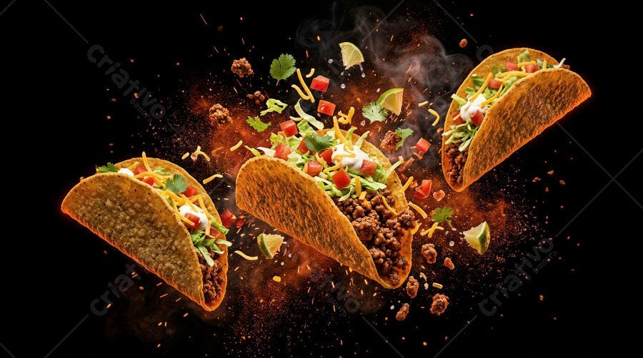 Foto Tacos Mexicanos Flutuando Ingredientes Explosão Fundo Preto