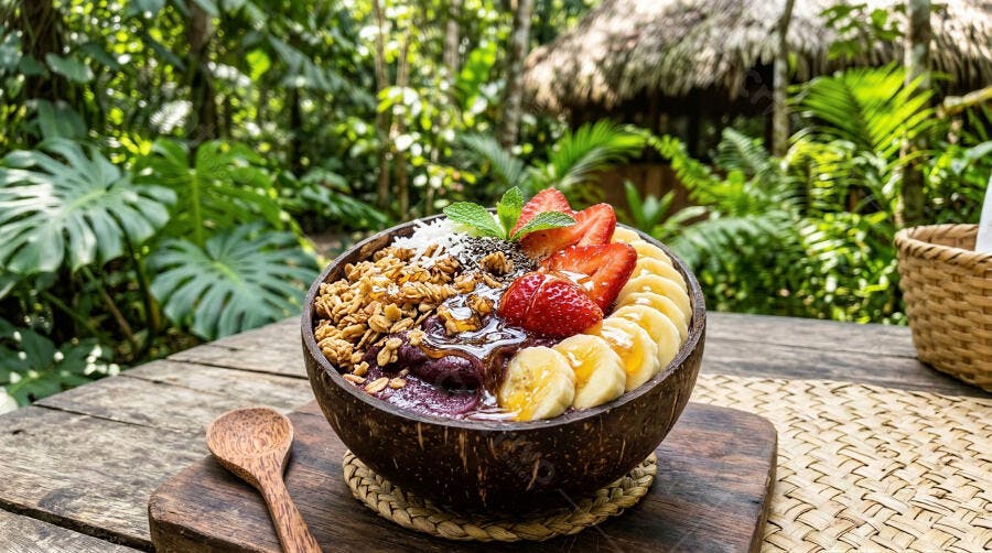 Foto Tigela de Açaí com Frutas Granola Cenário Tropical