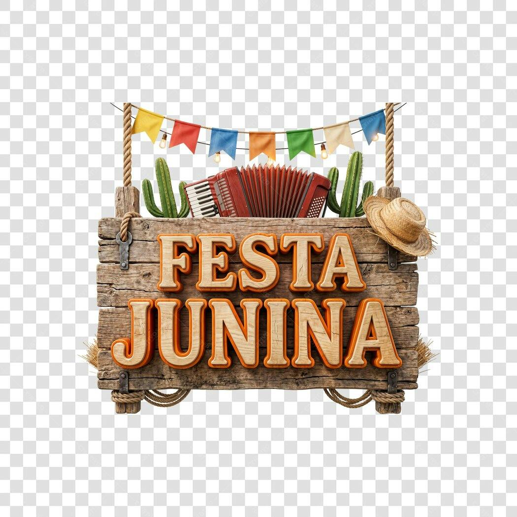 Elemento 3D Festa Junina Placa Madeira São João Junho PNG Fundo Transparente