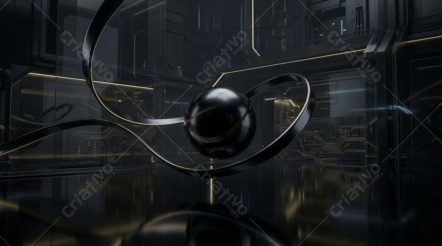 Foto Abstrata Esfera Preta Fitas Douradas Fundo Escuro Tecnologia