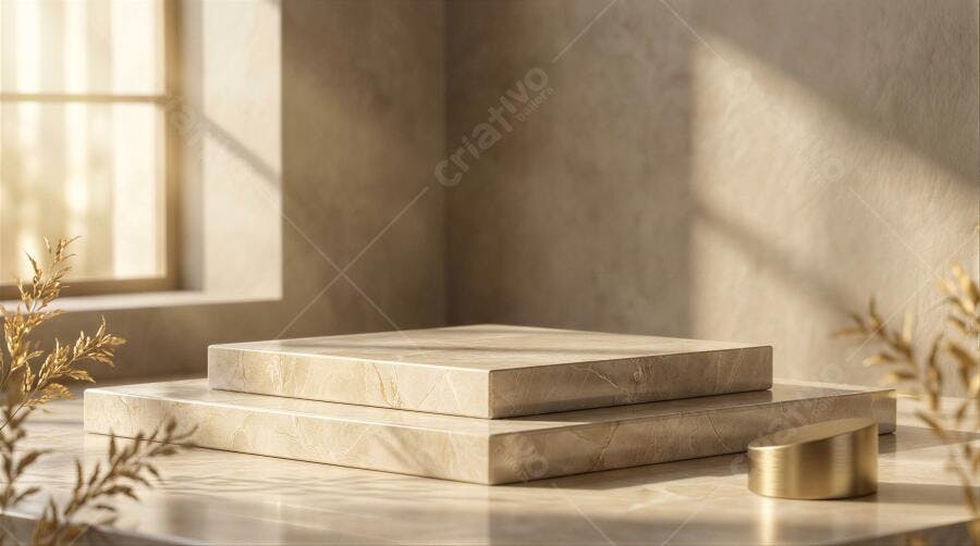 Foto Estúdio Podium Mármore Marrom Claro Janela Luz Natural