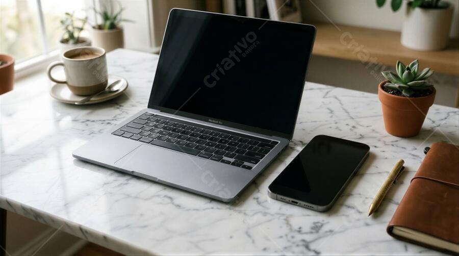 Foto Flat Lay Notebook Celular Mesa Mármore Home Office