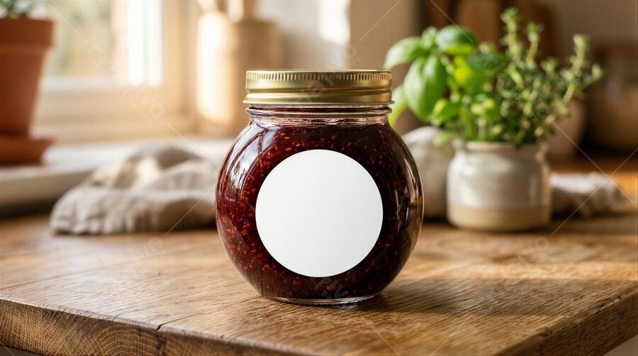 Foto Geleia Frutas Vermelhas Pote Vidro Rótulo Branco Cozinha