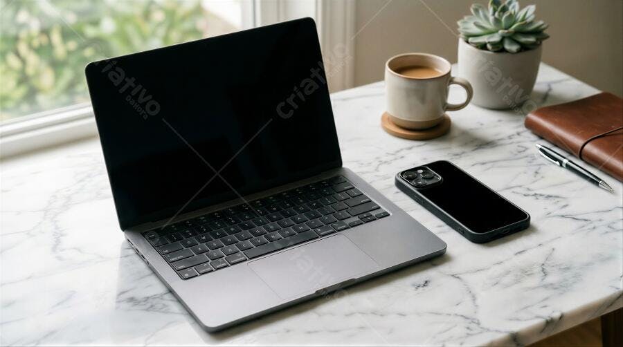 Foto Laptop Celular Café Mesa Mármore Home Office