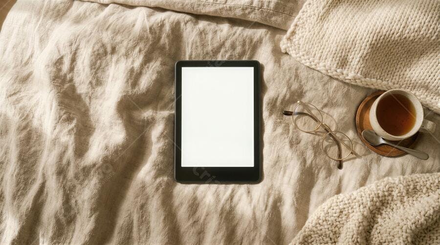 Foto Leitor Digital E-reader Tela Branca Cama Confortável