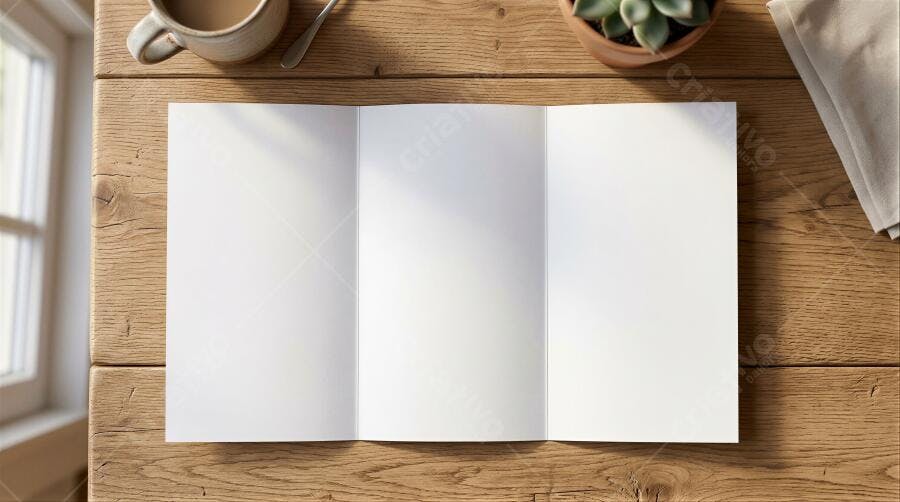 Foto Mockup Folder Tríptico Aberto Mesa Madeira Natural