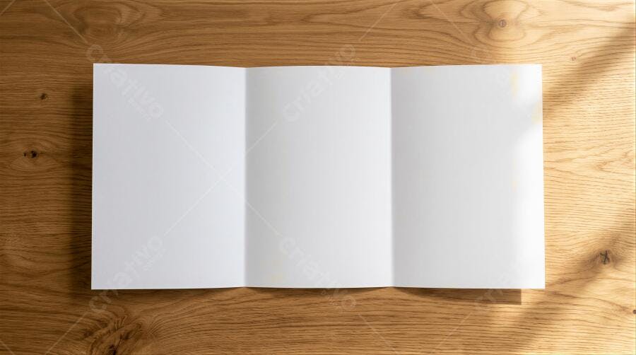 Foto Mockup Folder Tríptico Aberto Papel Branco Mesa Madeira