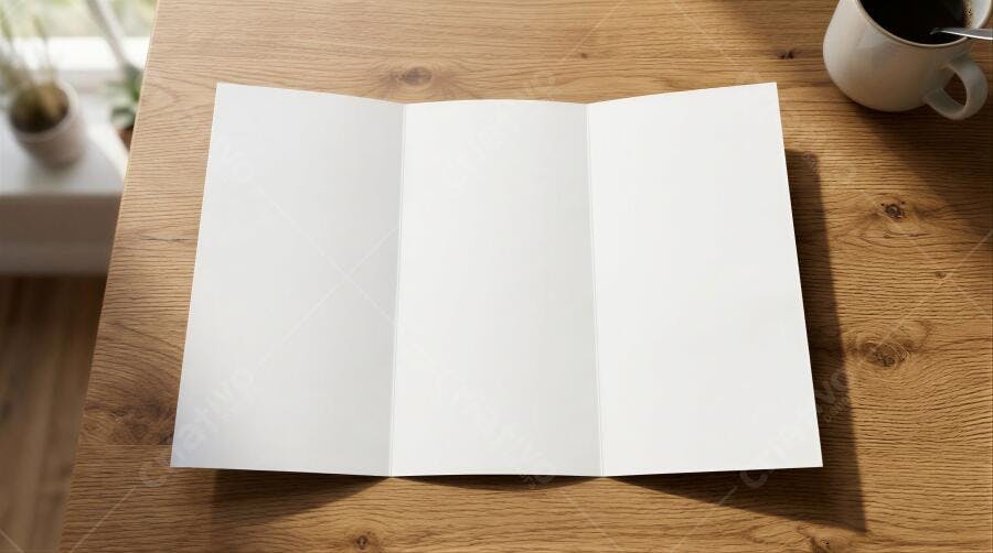 Foto Mockup Folder Tríptico Branco Mesa Madeira