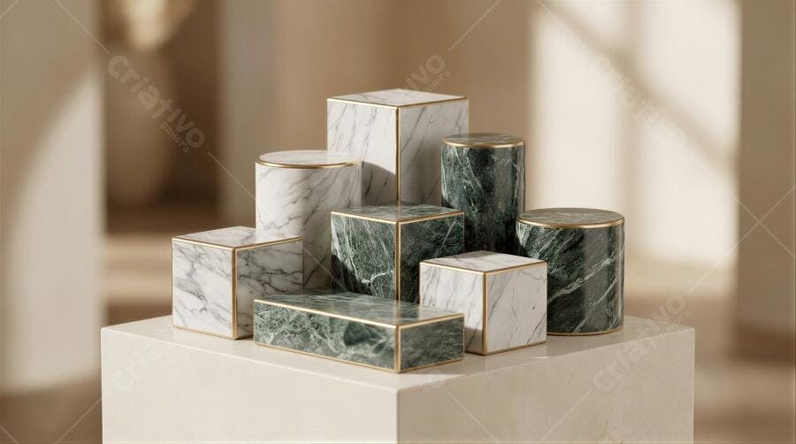 Foto Pedestais Mármore Verde Branco Dourado Exposição Produto