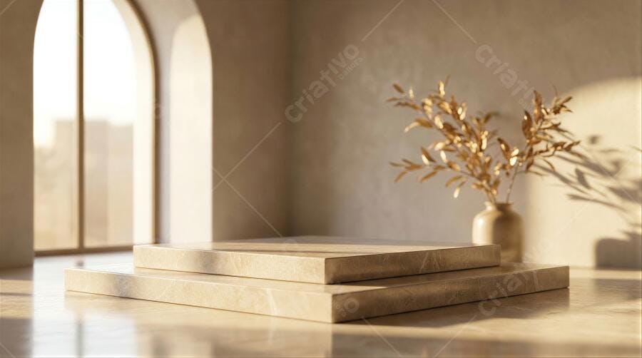 Foto Pedestal Duplo Mármore Dourado Cenário Minimalista