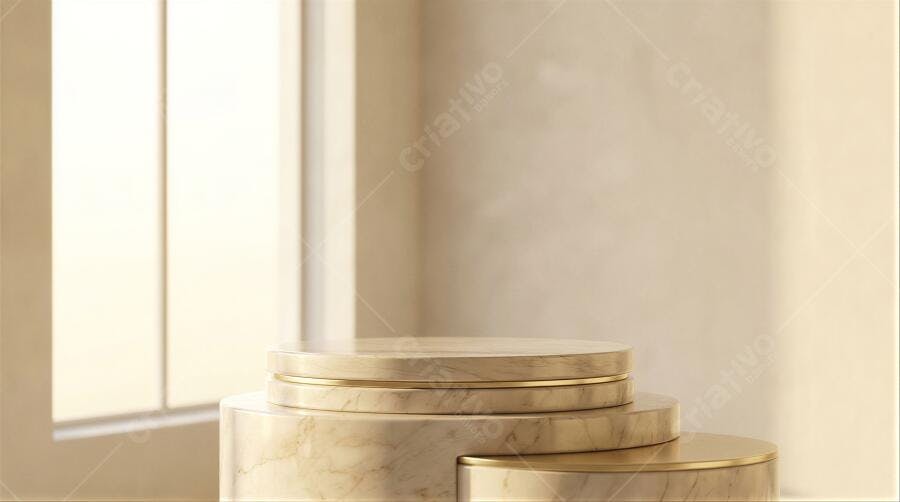 Foto Pedestal Mármore Dourado Cenário Exposição Produto